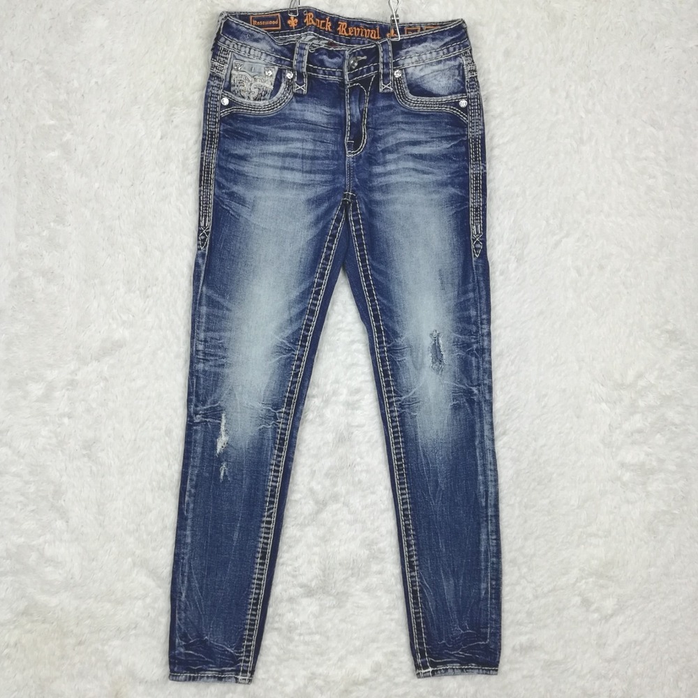 Rock Revival Womens Jeans Rosewood Skinny Blue Denim Distressed Jeweled Stone 26